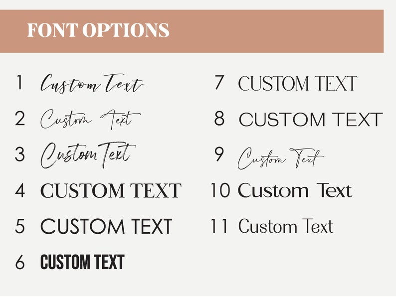 May include: A chart with 11 different font options for customizing text. The options include a variety of styles, from handwritten to bold and blocky.
