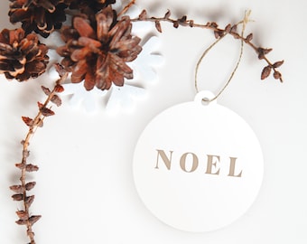 Christmas Ornament "Noel", "Joy", "Merry" & "Bright" | White Acrylic | Minimal | Circle Ornament | White Christmas | Minimal Christmas