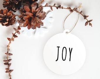 Christmas Ornament "Joy", "Merry", "Bright" & "Noel" | White Acrylic | Minimal | Circle Ornament | White Christmas | Minimal Christmas