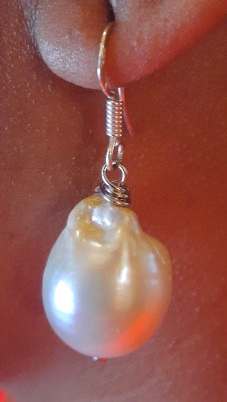 Earrings clip on pierced handmade XL authentic baroque pearl 14mm-18mm sterling silver hooks