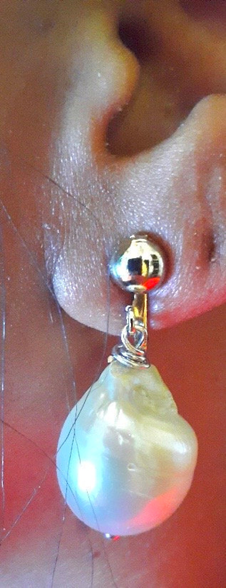 Earrings clip on pierced handmade XL authentic baroque pearl 14mm-18mm sterling silver hooks