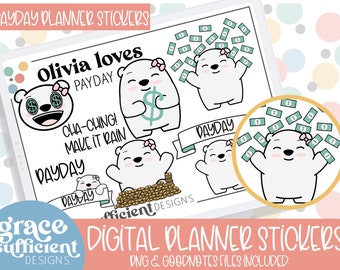 Olivia Loves Payday! DIGITAL PLANNER STICKERS Payday, Money, Cash, Pay, Work, Job, Pay day, Hand Drawn Digital Clipart