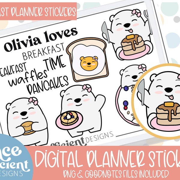 Olivia loves Breakfast! DIGITAL PLANNER STICKERS, Breakfast, Eggs and Toast, Pancakes, Waffles, Bagel, Granola, Hand Drawn Digital Clipart