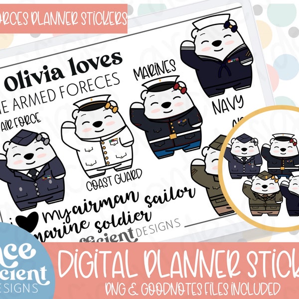 Olivia loves the US Armed Forces! DIGITAL PLANNER Stickers Army, Navy, Marines, Air Force, Coast Guard, Soldier, Hand Drawn Digital Clipart