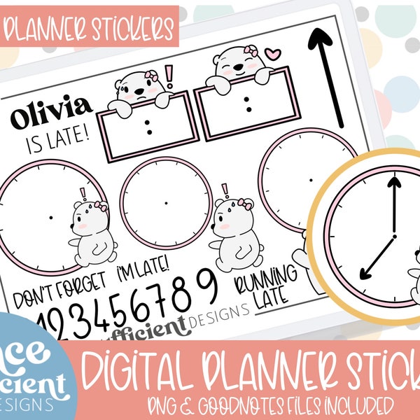 Olivia Is Late! DIGITAL PLANNER STICKERS Late, Clock, Running Late, Meeting, Digital Clock, Analog Clock, Hand Drawn Digital Clipart