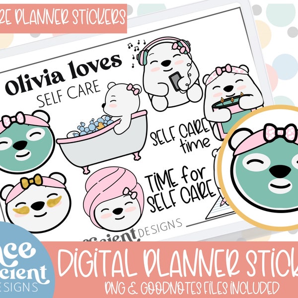 Olivia loves Self-Care! DIGITAL PLANNER STICKERS, Self Care, Face Mask, Eye Mask Bubble Bath, Candle, Hand Drawn Digital Clipart
