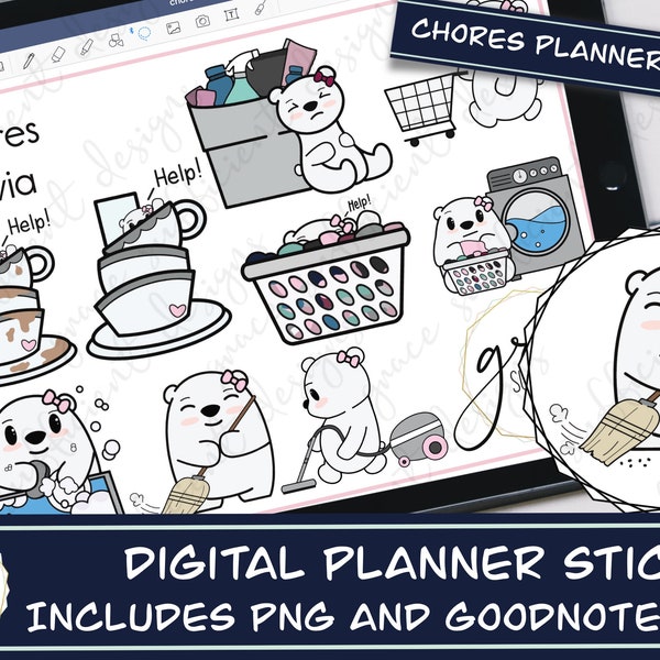 Olivia does chores! DIGITAL PLANNER STICKERS Cleaning, laundry, dishes, vacuum, sweeping planner stickers. Hand Drawn Digital Clipart