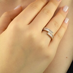 14K Gold Baguette CZ Ring: Criss Cross Wedding Band