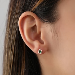 14K Solid Gold Dainty Emerald Stud Earrings For Women, Diamond Earrings for Women, Gemstone Earrings | Gold Studs, 14K Real Gold Earrings