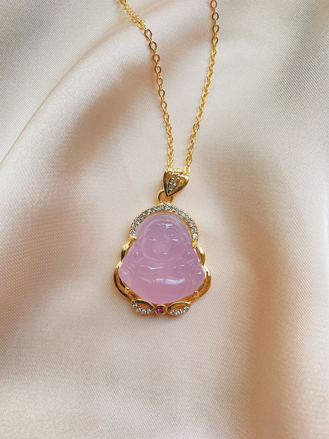 Pink Buddha Necklace Gold Non Tarnish Chain Small Pendant Etsy