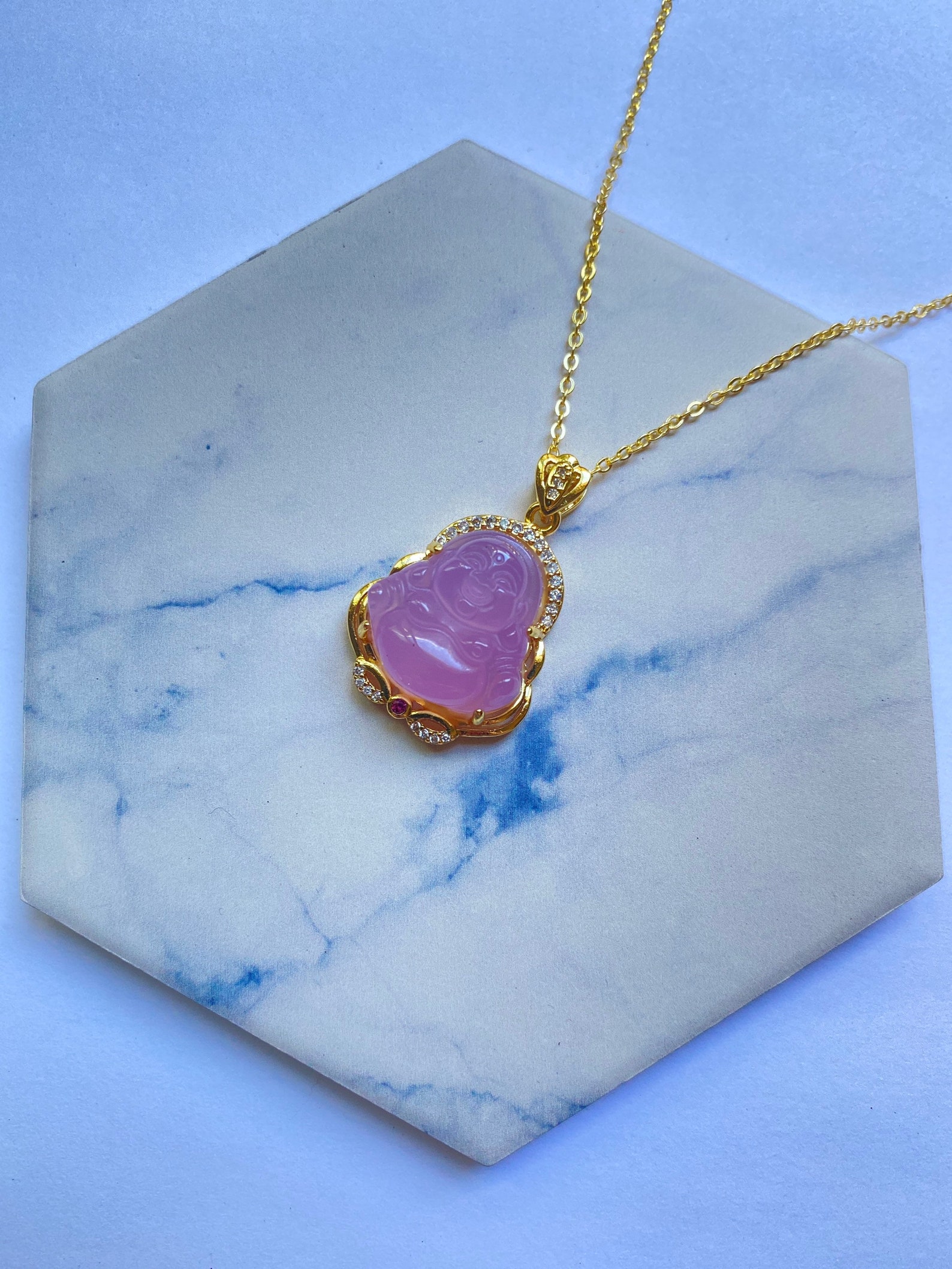 Pink Buddha Necklace Gold Non Tarnish Chain Small Pendant Etsy