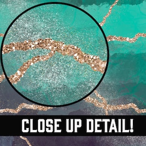 May include: Abstract digital art print featuring a teal and gold design with a glittery texture. The design resembles a cracked or broken surface with gold glitter filling the cracks.
