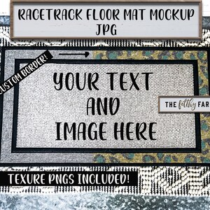 Racetrack Floor Mat JPG Mockup with textured PNGs! Sublimation mockup. Apply realistic textures in minutes. Video tutorial provided!