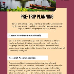 May include: Image of a travel guide page with the title "PRE-TRIP PLANNING." The page includes text about choosing a destination and researching accommodations. A scenic photo of a lake with a temple is at the top.