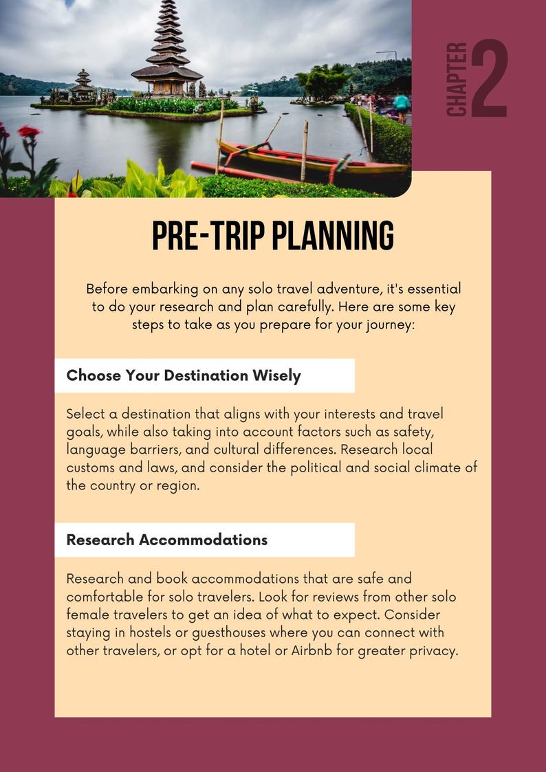 May include: Image of a travel guide page with the title "PRE-TRIP PLANNING." The page includes text about choosing a destination and researching accommodations. A scenic photo of a lake with a temple is at the top.