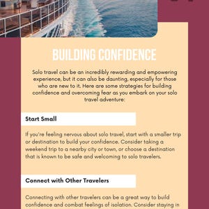 May include: A travel-themed graphic with a cruise ship and ocean view. Text reads "BUILDING CONFIDENCE" with tips for solo travel, including "Start Small" and "Connect with Other Travelers."