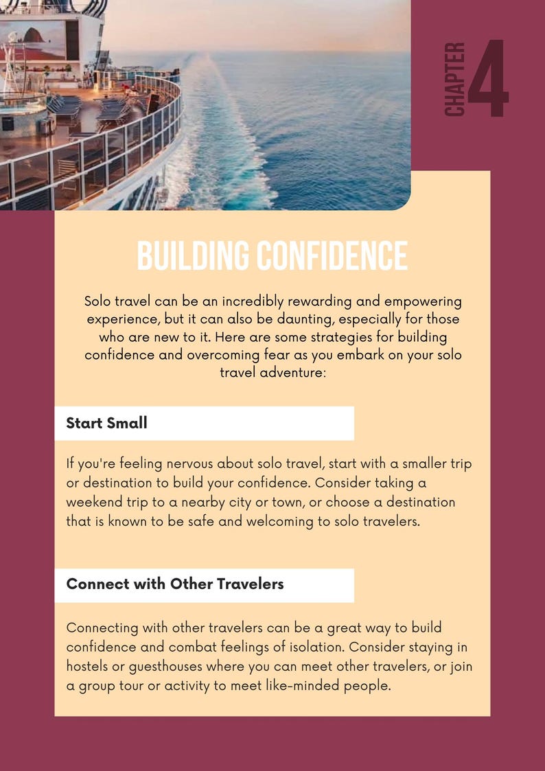 May include: A travel-themed graphic with a cruise ship and ocean view. Text reads "BUILDING CONFIDENCE" with tips for solo travel, including "Start Small" and "Connect with Other Travelers."