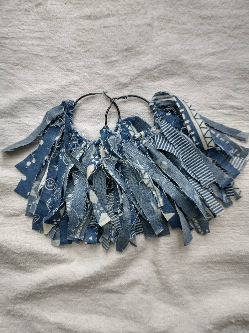 Denim Fabrics Hoop Earring Fabric Earring Shredded Earrings Etsy