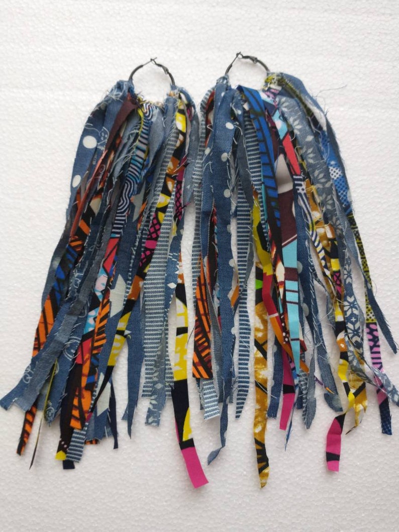 Denim and Ankara Fabric Earringsafrican Earringsextra Long | Etsy