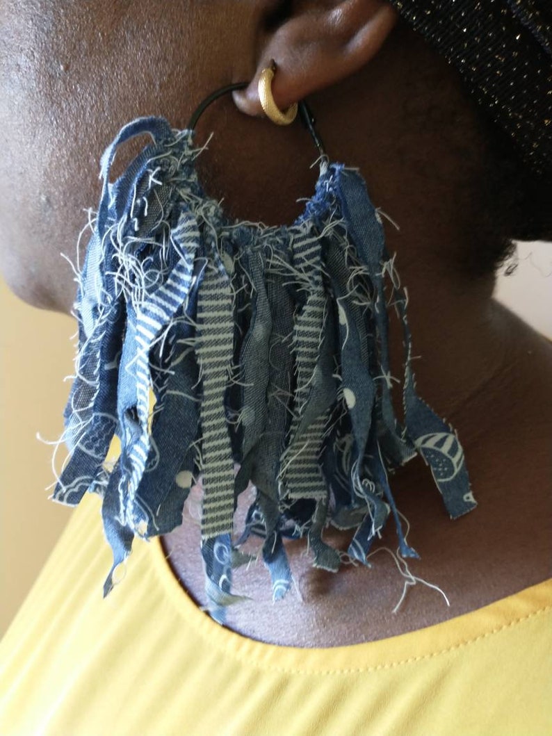 Denim Fabrics Hoop Earring Fabric Earring Shredded Earrings Etsy