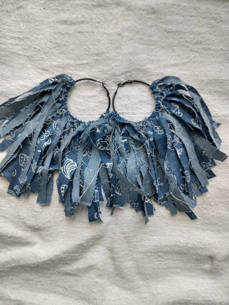Denim Fabrics Hoop Earring Fabric Earring Shredded Earrings Etsy