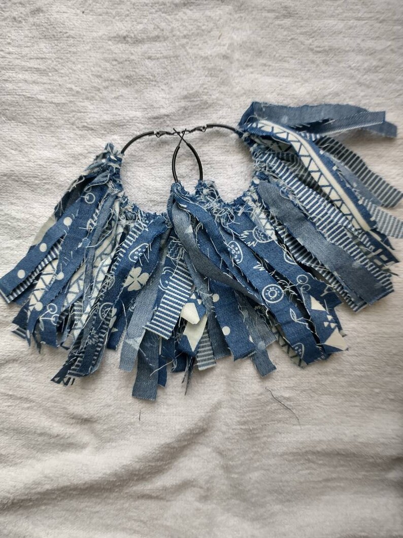 Denim Fabrics Hoop Earring Fabric Earring Shredded Earrings Etsy