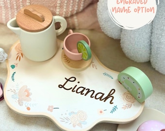 Regalo personalizado para sobrina, regalo para niña pequeña, regalo para niña pequeña, juego de té de madera, juguete con nombre personalizado, regalo para nieta.