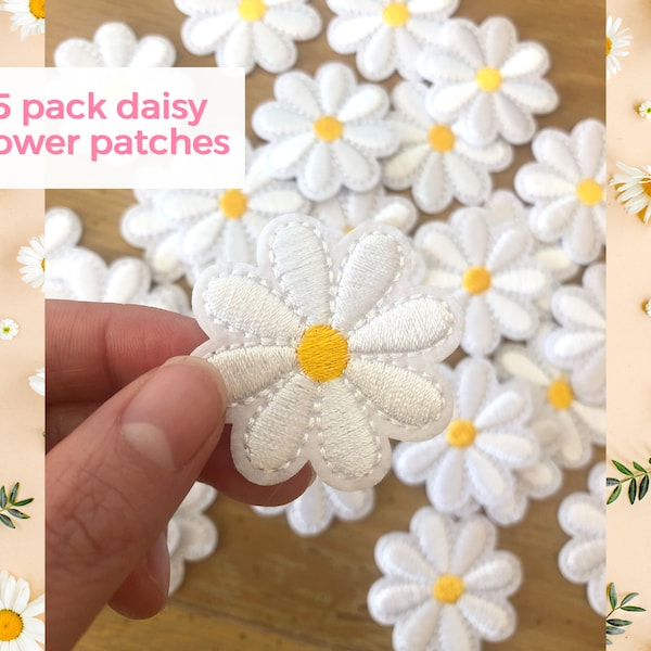 Daisy Patch Set of 5 Iron on Daisy Patch Flower Patch Flower Craft Clothes Patch Embroidered Daisy Patch Iron-on Flower Floral Patch White