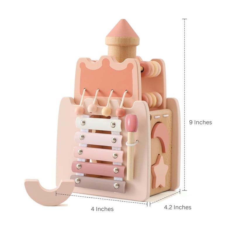 May include: A pink wooden toy castle with a xylophone, abacus, and other interactive elements. The toy measures 9 inches tall, 4 inches wide, and 4.2 inches deep. It features a wooden mallet and a half-moon shaped piece.