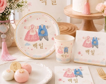 Baekil Korean 100 Day Baby Party Decorations Tableware Disposable Plates Cups Napkins Decorations Korean Baby 100 Day Celebration