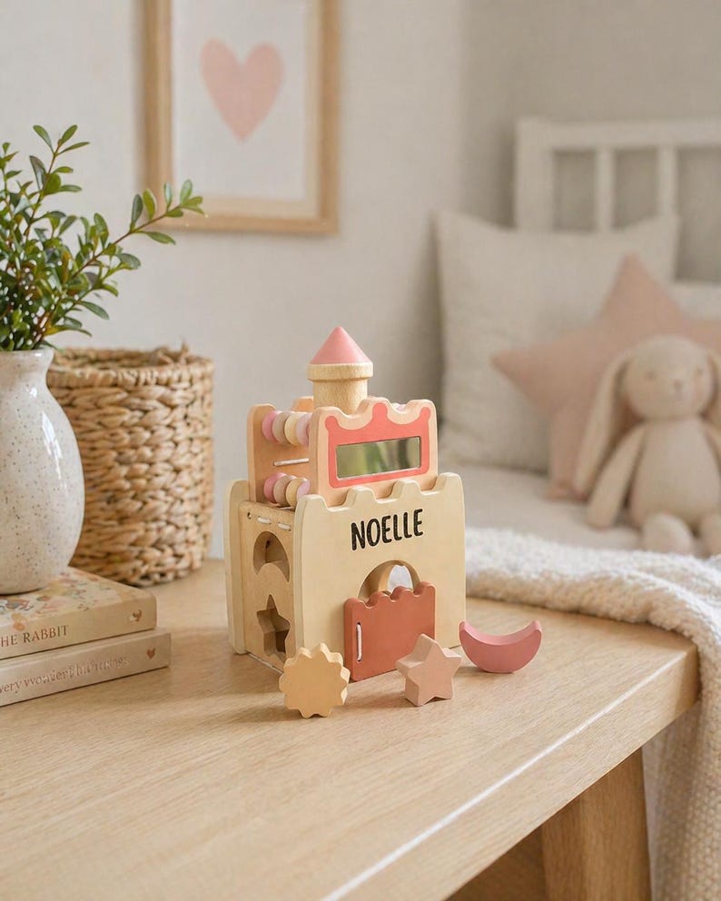 May include: Wooden toy castle with the name "NOELLE" on the front. The castle features a pink roof, a mirror, and colorful abacus beads. Includes wooden shapes: a star, a moon, and a flower. The toy is on a light wood surface.