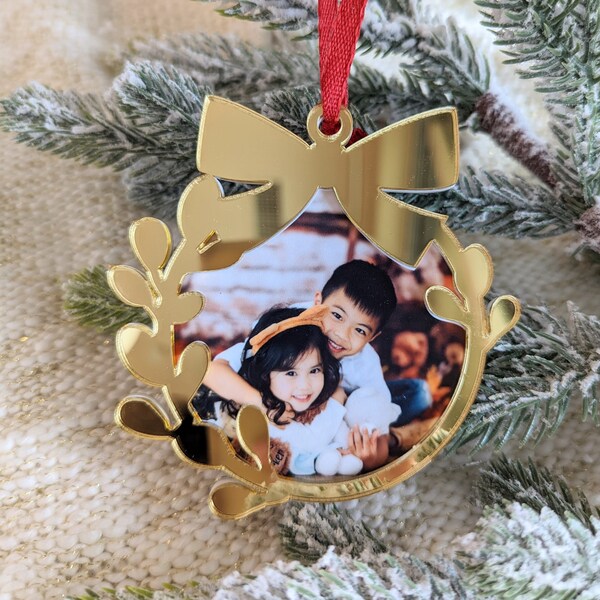 Custom Family Photo Ornament with Mirror Frame | Family and Couple Pictures | Grandparents Gift | Double Layer | Personalized for Christmas