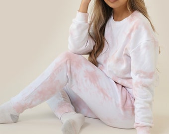 Mauve pink red Pastel Tie Dye Sweats Jogger and Sweatshirt Crew Neck Set - Womens Matching Loungewear