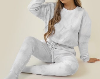Marble grey gray Pastel Tie Dye Sweats Jogger and Sweatshirt Crew Neck Set - Womens Matching Loungewear