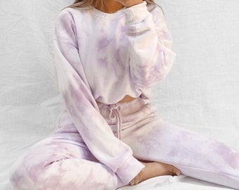 Lavender Pastel Purple Tie Dye Sweats Jogger and Sweatshirt Crew Neck Set - Womens Matching Loungewear