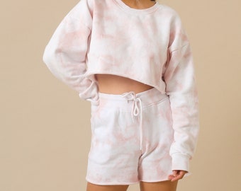 Blush Light Pink Pastel Tie Dye Tie Dye Sweats Shorts Jogger and Cropped Sweatshirt Crew Neck Set - Womens Matching Loungewear