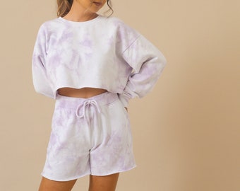 Purple Pastel Lavender Tie Dye Tie Dye Sweats Shorts Jogger and Cropped Sweatshirt Crew Neck Set - Womens Matching Loungewear