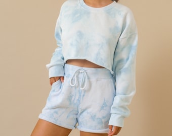 Cloudy Baby Pastel Blue Tie Dye Tie Dye Sweats Shorts Jogger and Cropped Sweatshirt Crew Neck Set - Womens Matching Loungewear