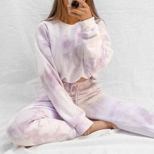 Lavender Pastel Purple Tie Dye Sweats Jogger and Sweatshirt Crew Neck Set Womens Matching Loungewear image 1