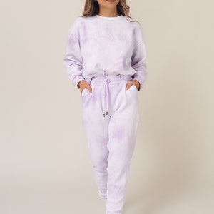 Lavender Pastel Purple Tie Dye Sweats Jogger and Sweatshirt Crew Neck Set Womens Matching Loungewear image 4