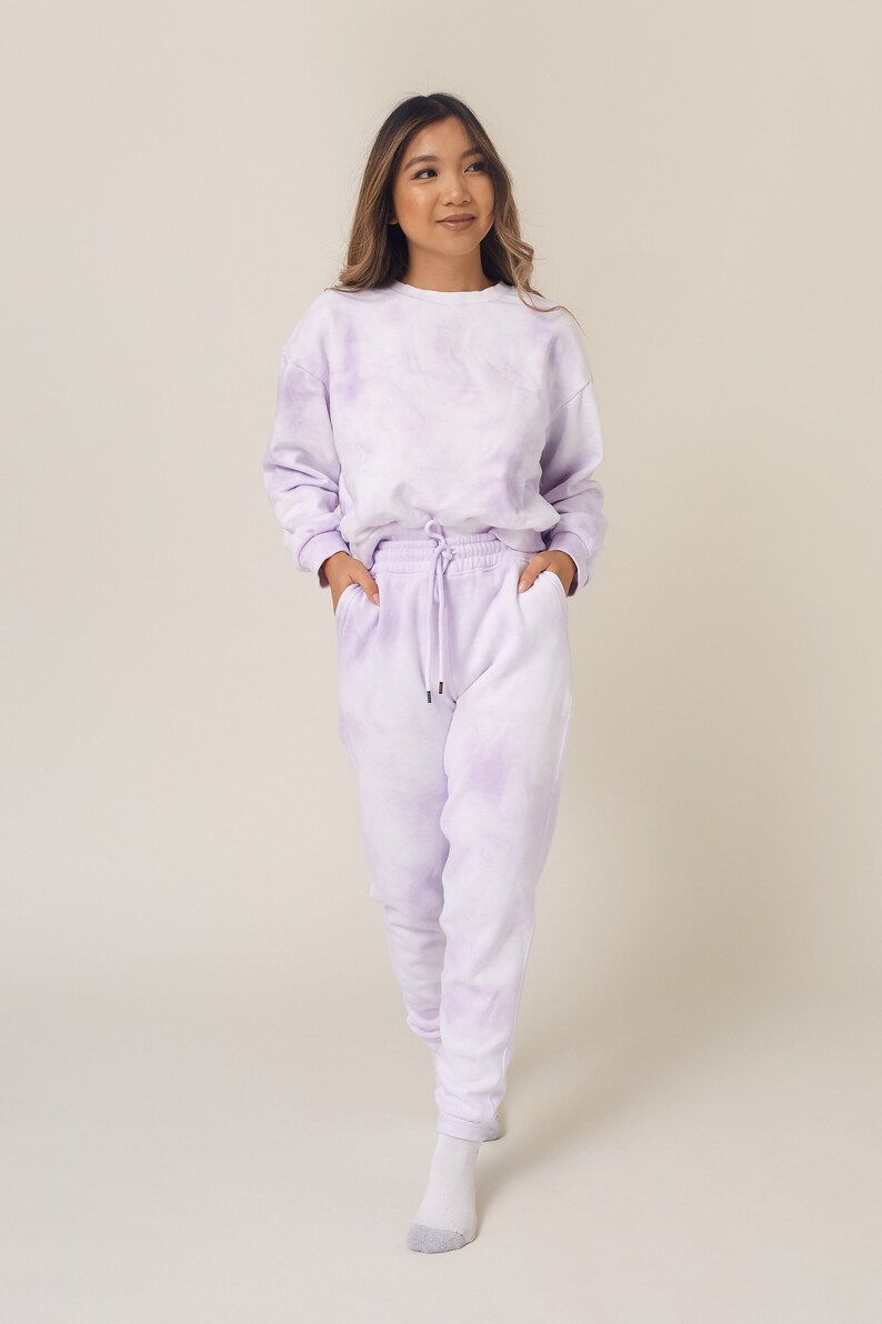 Lavender Pastel Purple Tie Dye Sweats Jogger and Sweatshirt Crew Neck Set Womens Matching Loungewear image 4