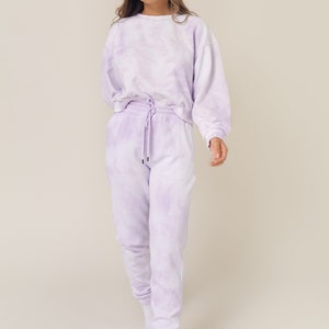 Lavender Pastel Purple Tie Dye Sweats Jogger and Sweatshirt Crew Neck Set Womens Matching Loungewear image 3