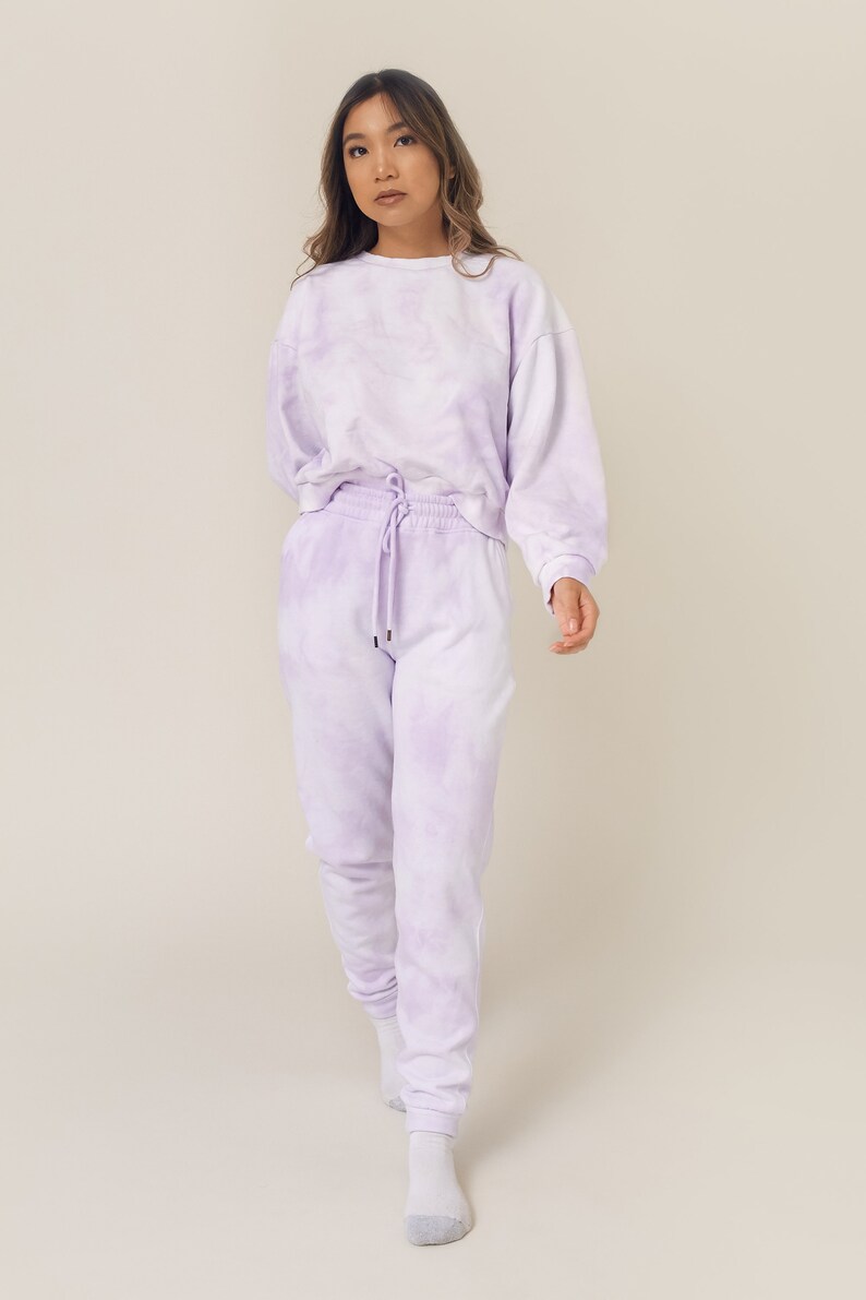 Lavender Pastel Purple Tie Dye Sweats Jogger and Sweatshirt Crew Neck Set Womens Matching Loungewear image 3