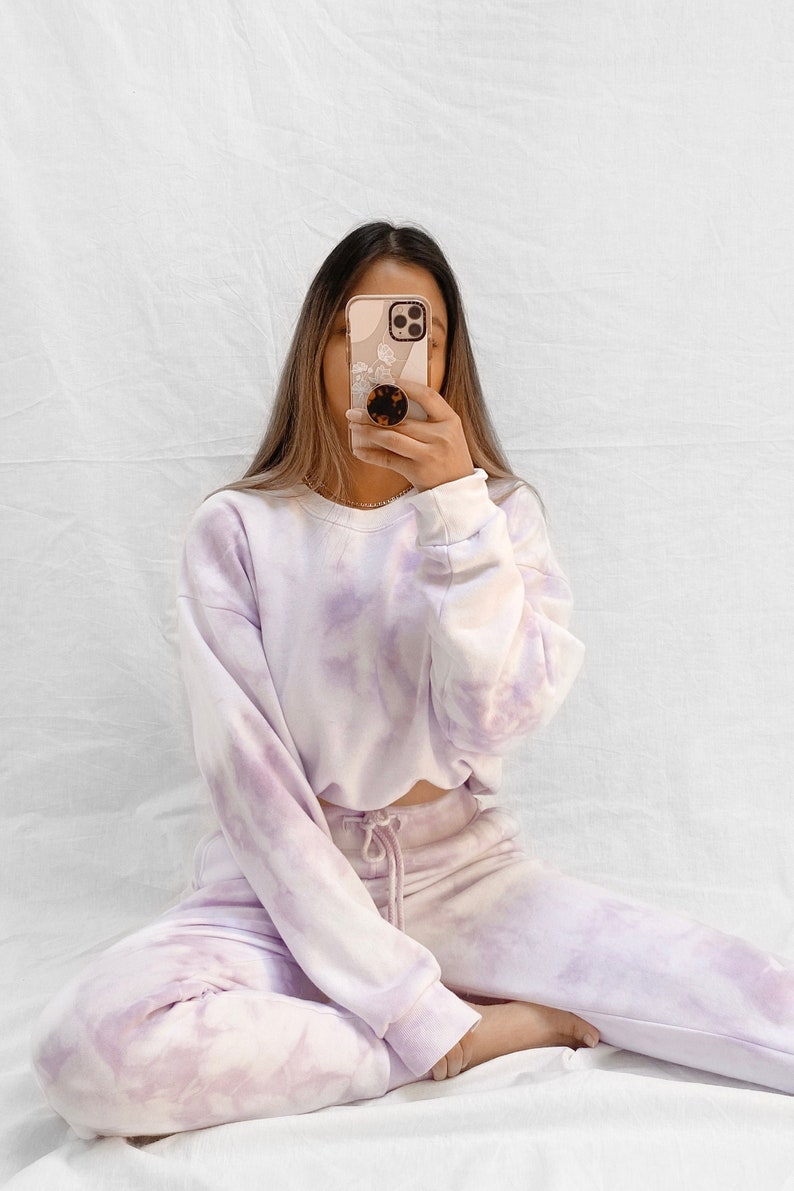 Lavender Pastel Purple Tie Dye Sweats Jogger and Sweatshirt Crew Neck Set Womens Matching Loungewear image 1