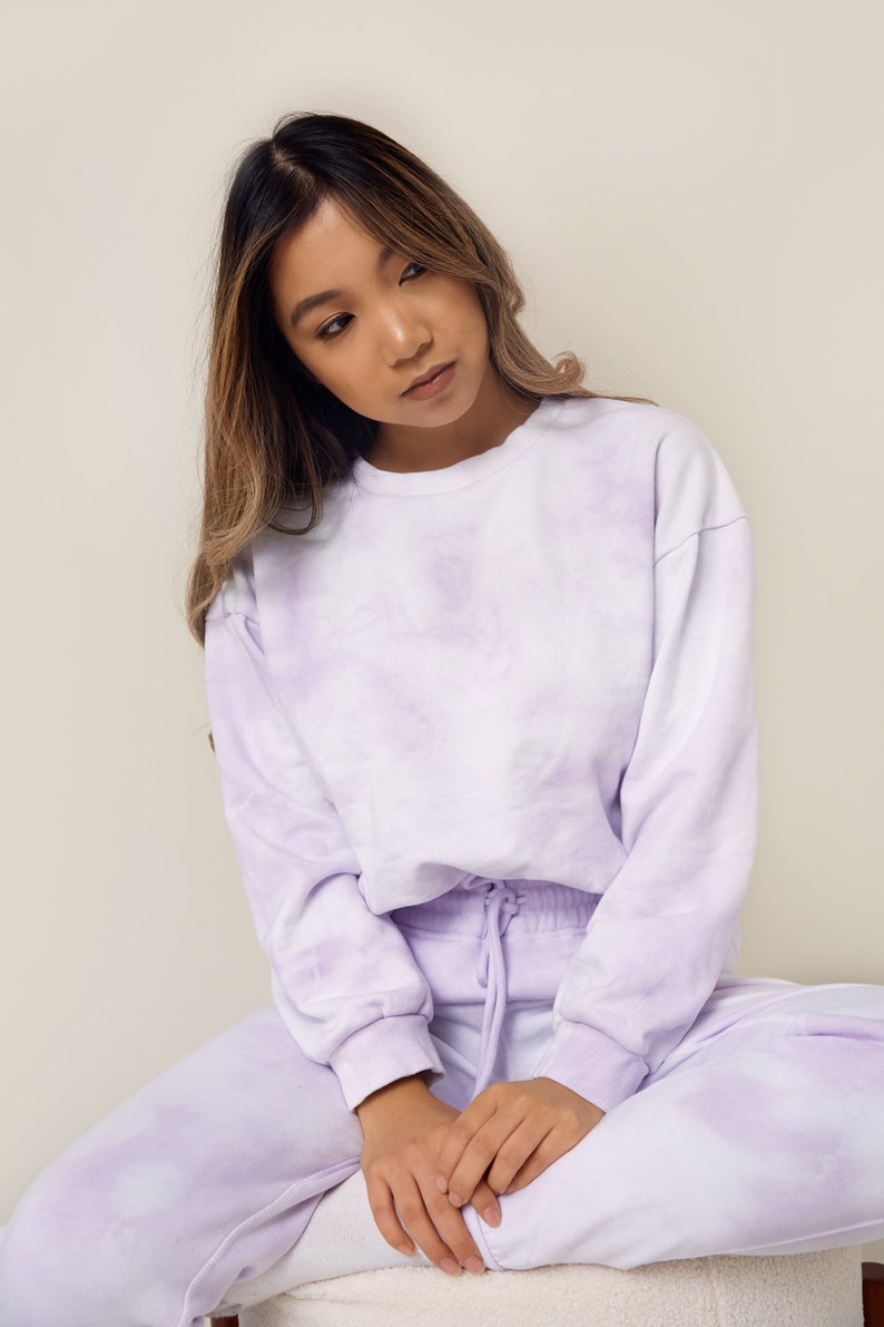 Lavender Pastel Purple Tie Dye Sweats Jogger and Sweatshirt Crew Neck Set Womens Matching Loungewear image 6