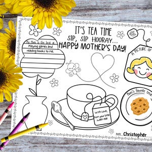 Mantel individual para la fiesta del té del Día de la Madre: Página para colorear imprimible