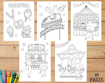 Carnival Coloring Pages: Amusement Park Birthday Party Activity Printable