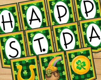 St. Patrick's Day Banner: Plaid Shamrock Pennants Digital Download