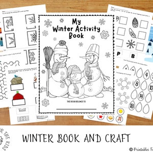 May include: Black and white printable winter activity book featuring a family of snowmen. The book includes activities such as mazes, counting, and matching. The cover of the book says "My Winter Activity Book".