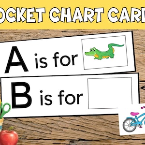 May include: Pocket chart cards with the text "Pocket Chart Cards" at the top. The cards feature the letters A and B, with illustrations of an alligator and a bicycle. A pencil, scissors, and a red apple are also visible.